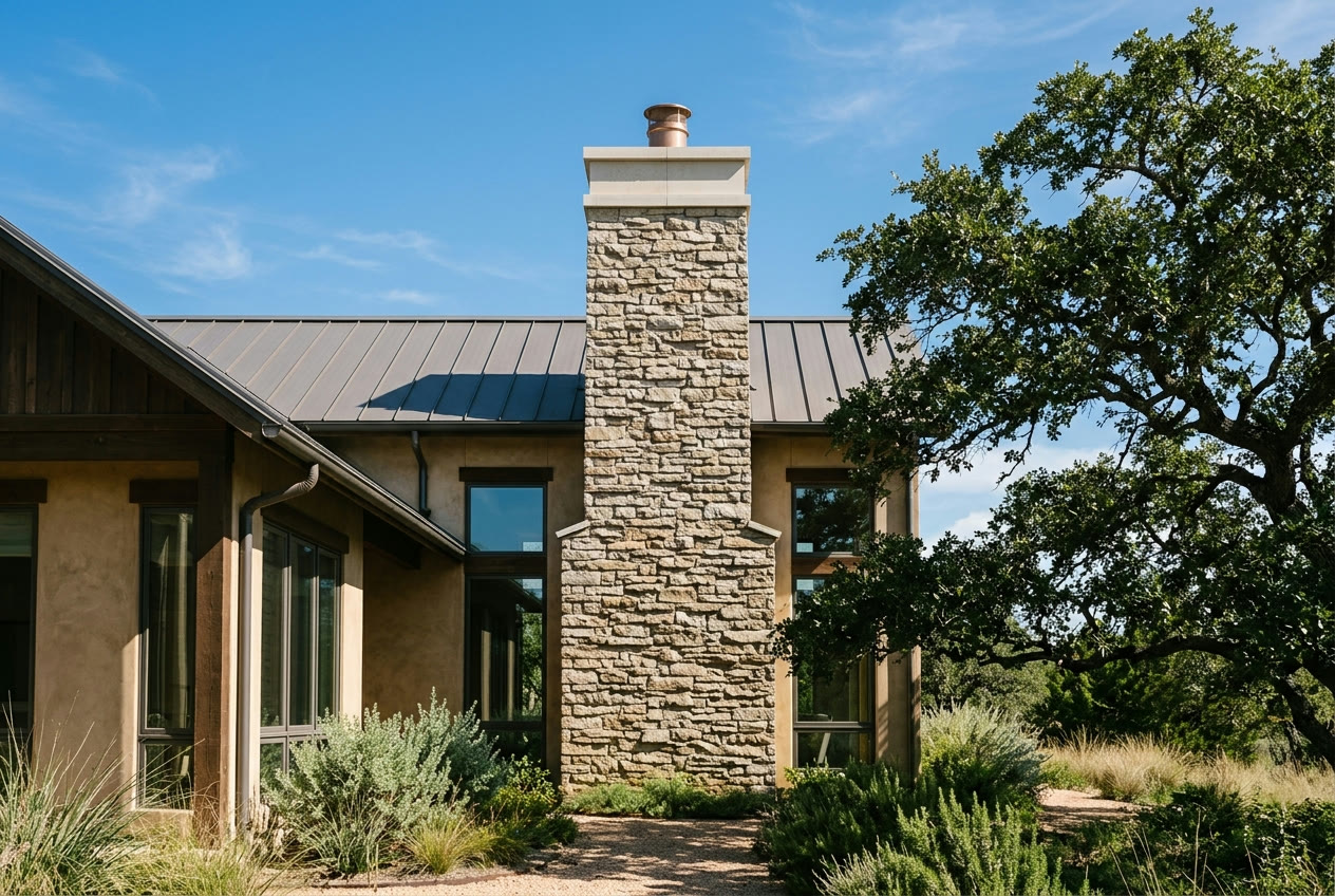 Stone chimney on an East Texas home