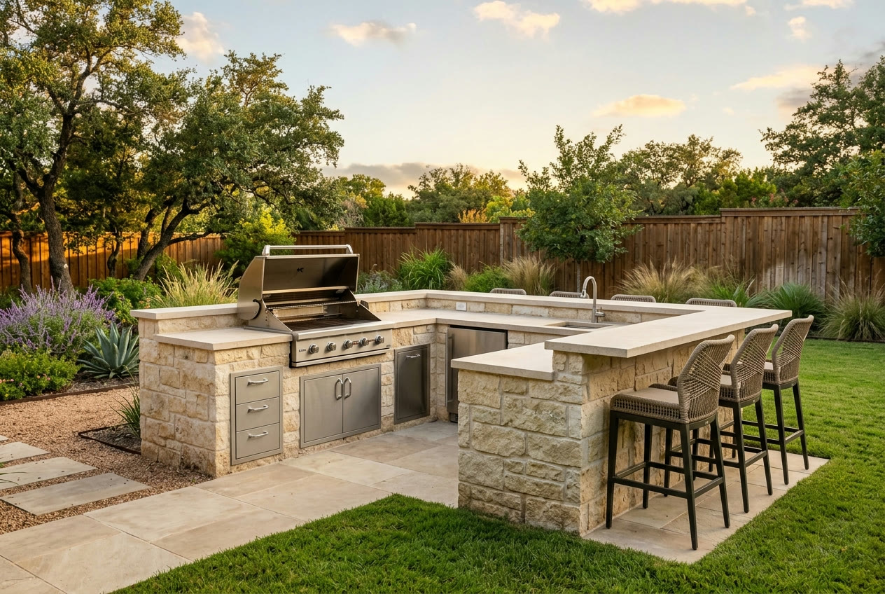 Custom stone outdoor kitchen with built-in grill and bar seating