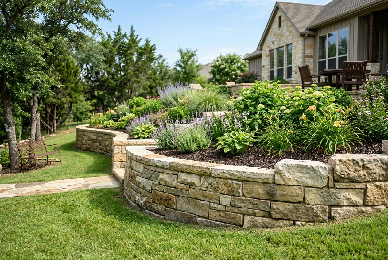 Curved stone retaining wall with a planted flowerbed above