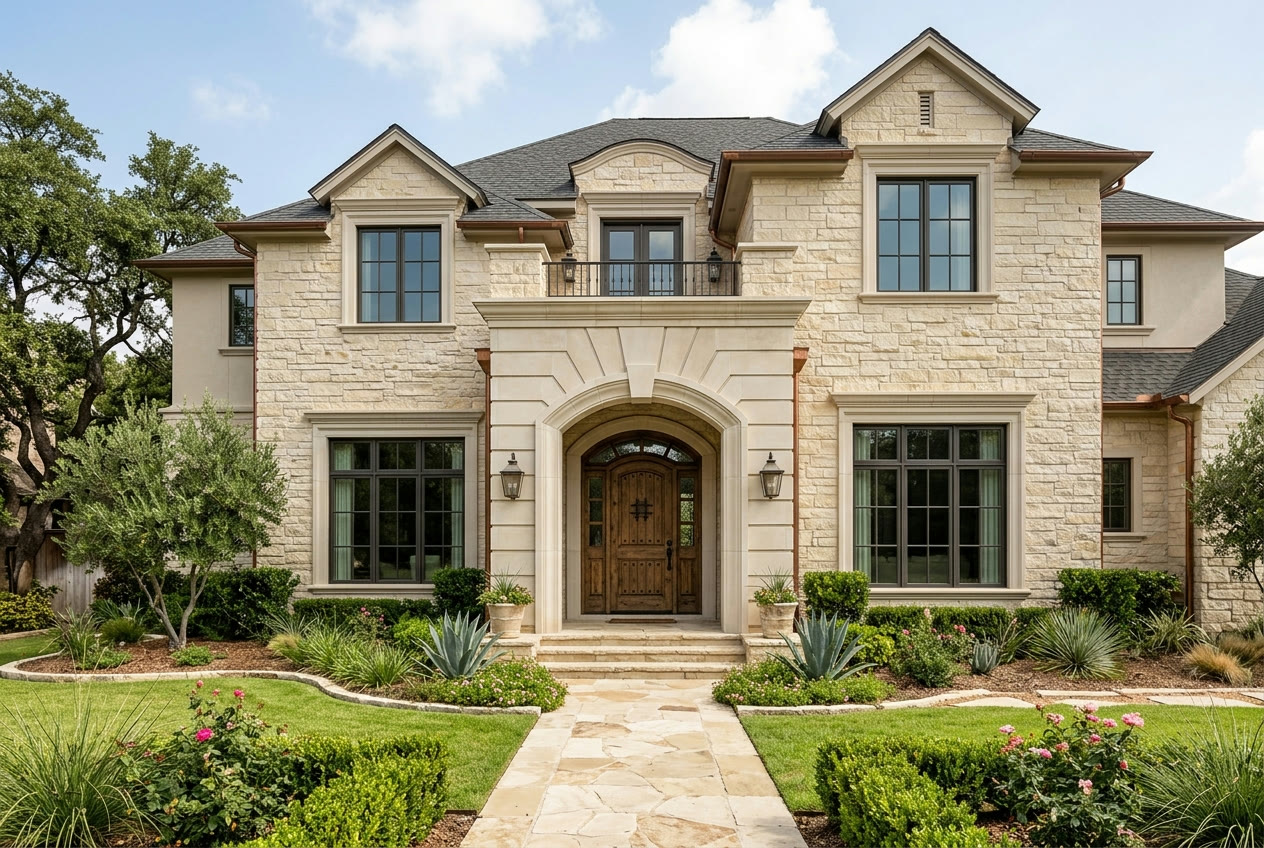 Natural stone veneer across the front of a two-story custom home